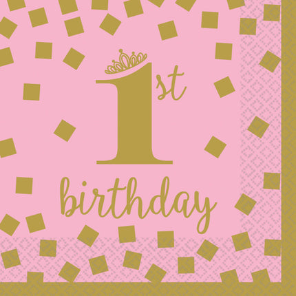 Feestbazaar 1st Birthday Servetten Roze/Goud Set (16st)