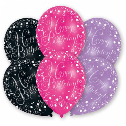 Feestbazaar 6 Happy Birthday ballonnen pink, paars en zwart