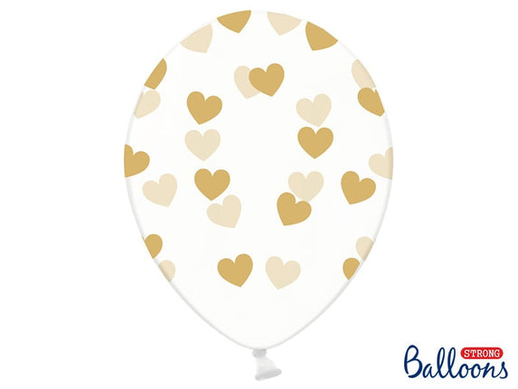 Feestbazaar 6 Transparante Ballonnen met hartjes print Goud