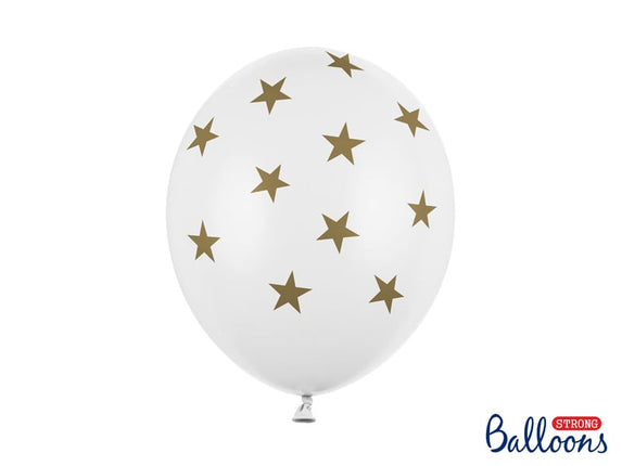 Feestbazaar 6 Witte Ballonnen Met Sterren Print Goud