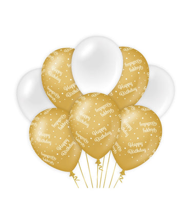 Feestbazaar Ballonnen Happy Birthday Goud/Wit (8st)