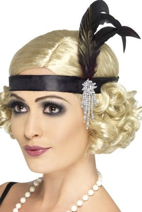 Feestbazaar Charleston hoofdband zwart met veer en juwelen detail