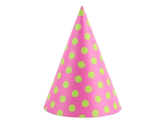 Feestbazaar Feesthoedjes Roze Met Groene Stippen - 6 Stuks