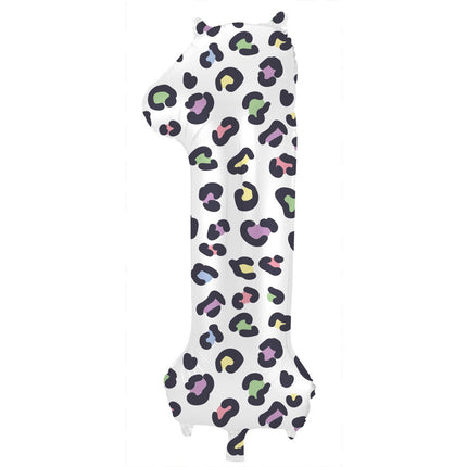 Feestbazaar Folieballon Cijfer 1 Wit Met Panterprint (86cm)