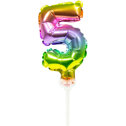 Feestbazaar Folieballon Taart Topper Regenboog Cijfer 5 - 13 cm