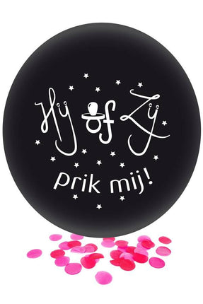 Feestbazaar Grote Ballon Gender Reveal Hij of Zij Prik Mij met roze confetti