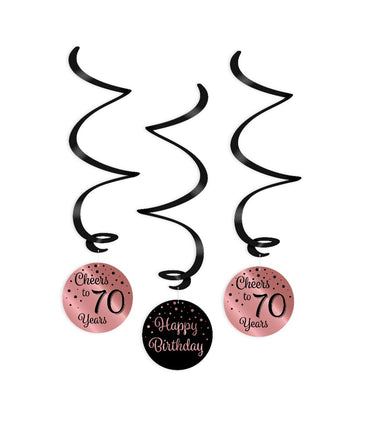 Feestbazaar Hangdecoratie Swirls 70 Jaar Roségoud/Zwart (3st)