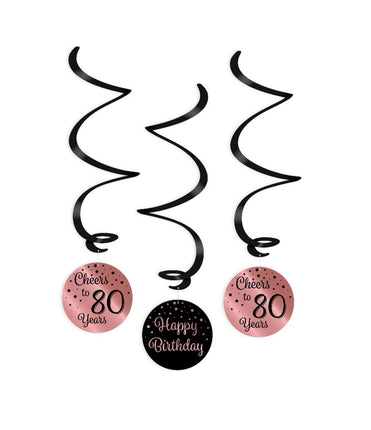 Feestbazaar Hangdecoratie Swirls 80 Jaar Roségoud/Zwart (3st)