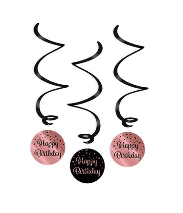 Feestbazaar Hangdecoratie Swirls Happy Birthday Roségoud/Zwart (3st)