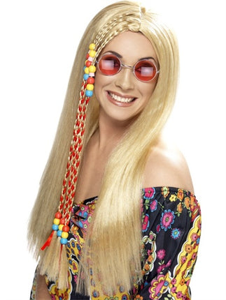 Feestbazaar Hippy Party pruik blond met gekleurde kralen