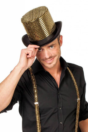 Feestbazaar Hoge hoed paillettenstof goud