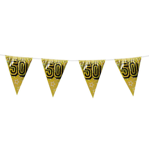 Feestbazaar Holografische vlaggenlijn '50' goud (8m)