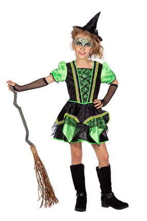 Feestbazaar Jurkje Heks Groen Kind Kort Luxe