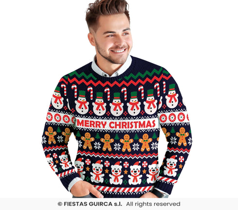 Feestbazaar Kerst Sweater Merry Christmas Sneeuwpop Blauw Heren