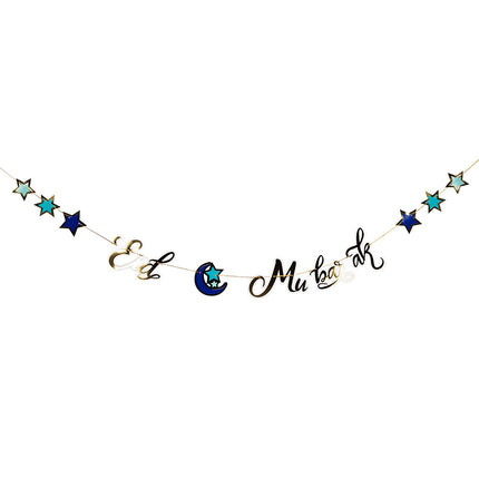 Feestbazaar Letterslinger 'Eid Mubarak' Blauw/Goud (250 cm)