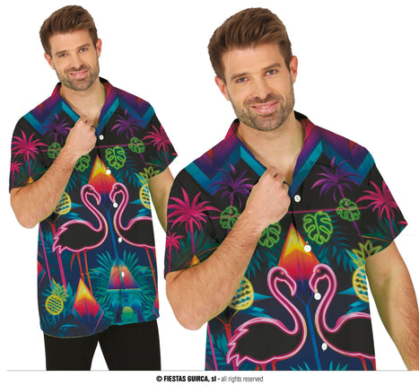 Feestbazaar Overhemd Flamingo Neon Tropisch Korte Mouw