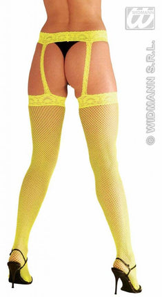 Feestbazaar Panty mazen neon geel met kant en jarretels