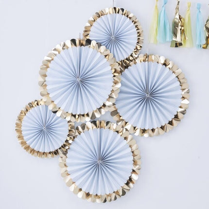 Feestbazaar Paper fans lichtblauw goud pastel (5st)