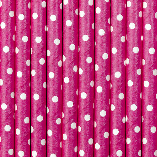 Feestbazaar Papieren Rietjes Donker Roze Met Witte Stippen (10st)