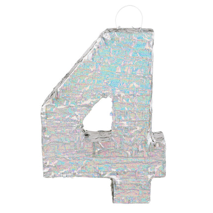 Feestbazaar Piñata cijfer 4 holografisch zilver (40x28cm)