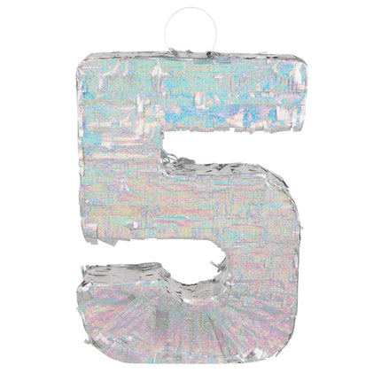 Feestbazaar Piñata cijfer 5 holografisch zilver (40x28cm)