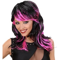 Feestbazaar Pruik lang golvend haar zwart/roze
