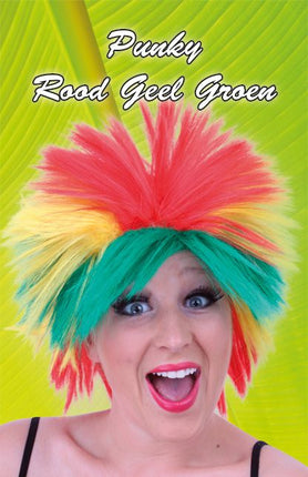 Feestbazaar Pruik punky rood/geel/groen