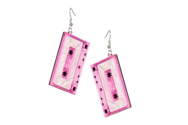 Feestbazaar Roze Disco Oorbellen Cassettebandje