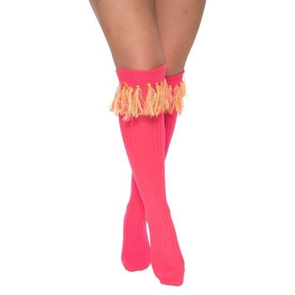Feestbazaar Sokken over-knee pink met neon kwastjes