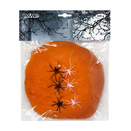 Feestbazaar Spinnenweb oranje 100 gram met 6 spinnen