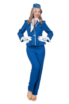 Feestbazaar Stewardess kostuum Dames Blauw Premium 4-delig