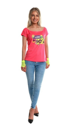 Feestbazaar T-Shirt Neon Pink I Love The 90's Dames
