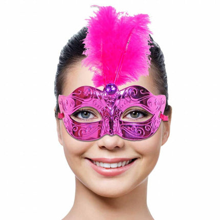 Feestbazaar Venetiaans Masker magenta met veren