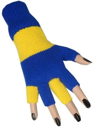 Feestbazaar Vingerloze handschoenen blauw/geel gebreid