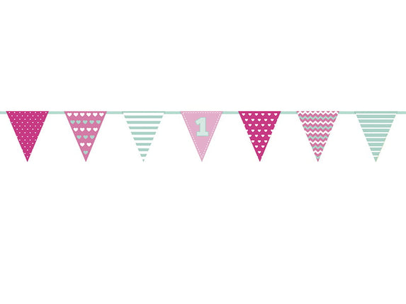 Feestbazaar Vlaggenlijn 1 Jaar Roze/Mintgroen (1,35m)