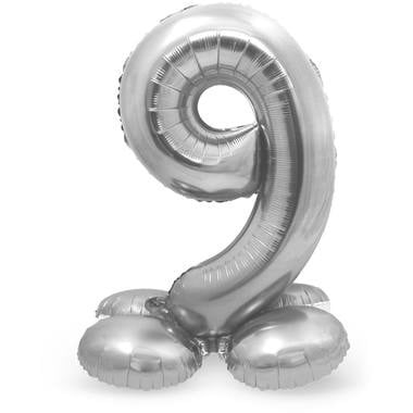 Feestbazaar Zilverkleurig Folieballon Cijfer 9 Op Standaard (72 cm)