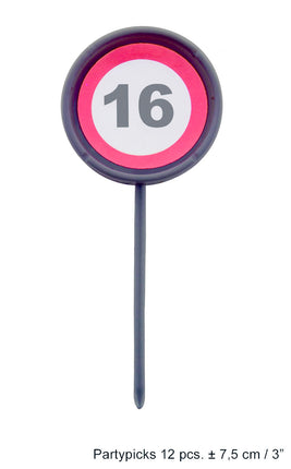 Feestbazaar 12 herbruikbare coctailprikkers verkeersbord 16 jaar