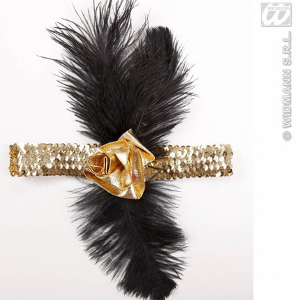 Feestbazaar 1920's pailletten hoofdband goud met bloem en veren