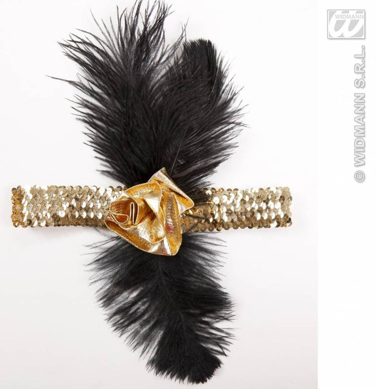 Feestbazaar 1920's pailletten hoofdband goud met bloem en veren