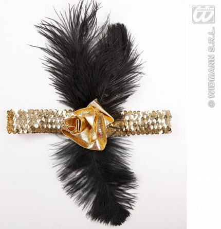 Feestbazaar 1920's pailletten hoofdband goud met bloem en veren