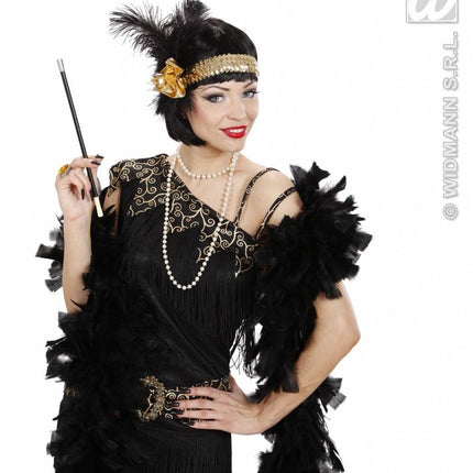 Feestbazaar 1920's pailletten hoofdband goud met bloem en veren
