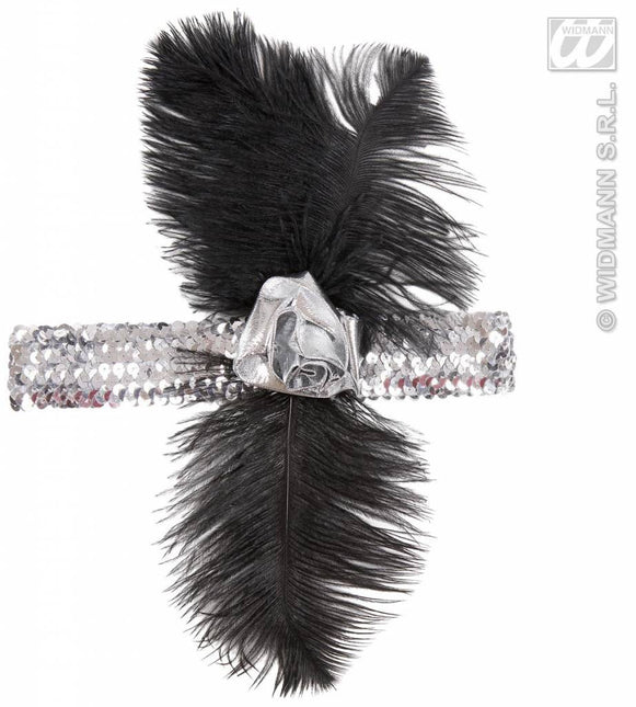 Feestbazaar 1920's pailletten hoofdband met bloem en veren