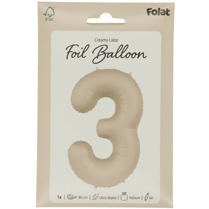 Feestbazaar 3 jaar folieballon Creamy Latte Mat Nude (86cm)