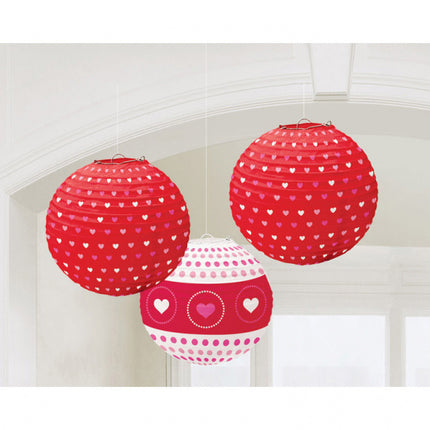 Feestbazaar 3 Ronde Lampionnen met Hartjes prints