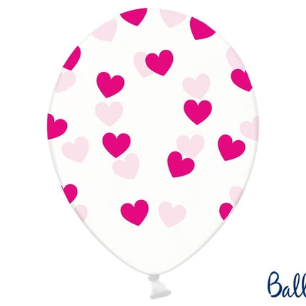 Feestbazaar 6 Transparante Ballonnen met hartjes print Fuchsia