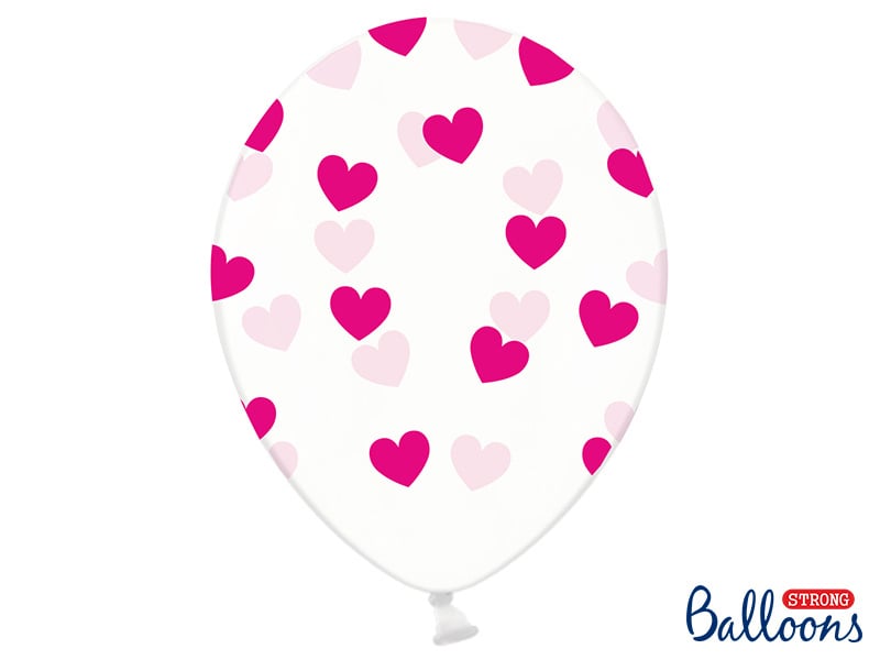 Feestbazaar 6 Transparante Ballonnen met hartjes print Fuchsia