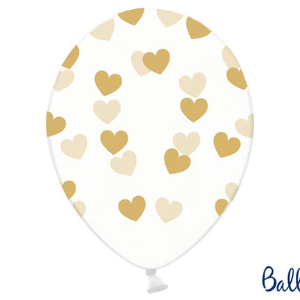 Feestbazaar 6 Transparante Ballonnen met hartjes print Goud