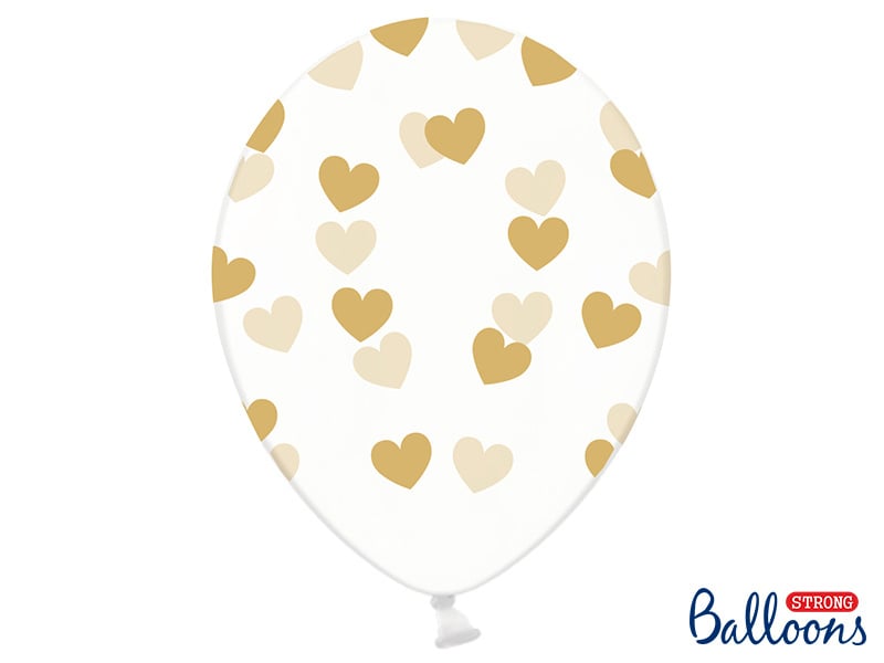 Feestbazaar 6 Transparante Ballonnen met hartjes print Goud