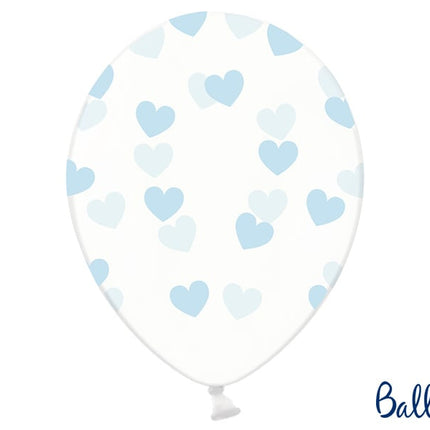 Feestbazaar 6 Transparante Ballonnen met hartjes print Sky Blue