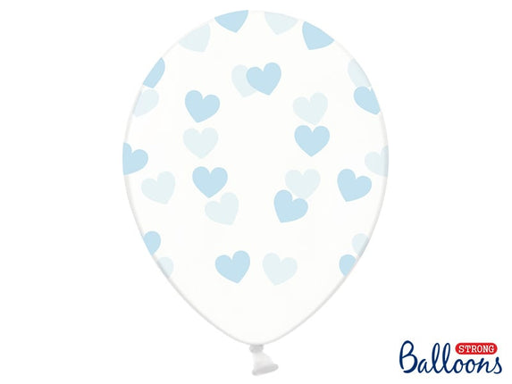 Feestbazaar 6 Transparante Ballonnen met hartjes print Sky Blue